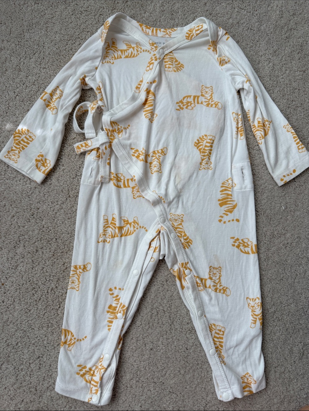 Petit Peony Wrap One-Piece Footie in Yellow Tiger Print